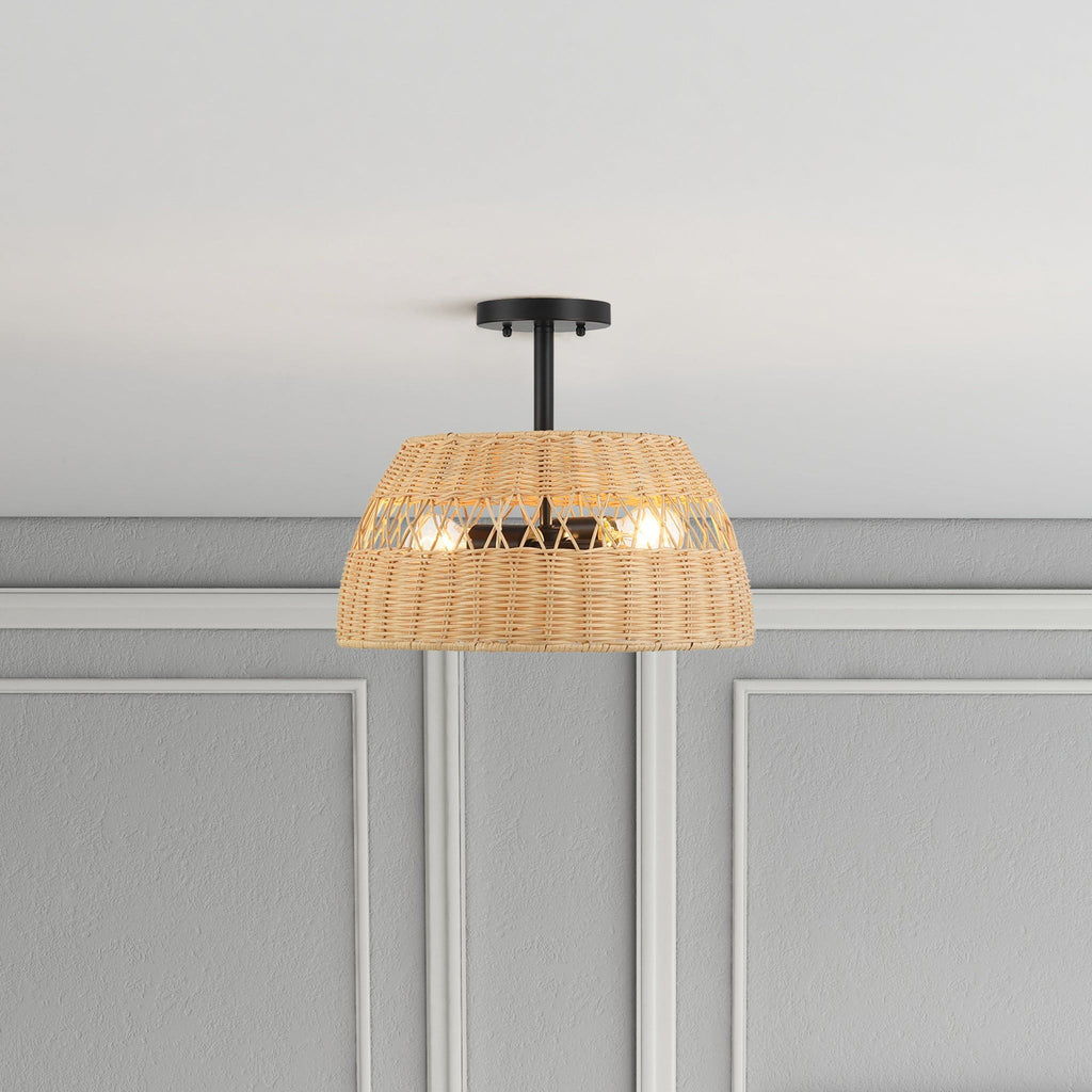 Woven Rattan Semi-Flush Ceiling Light | Black