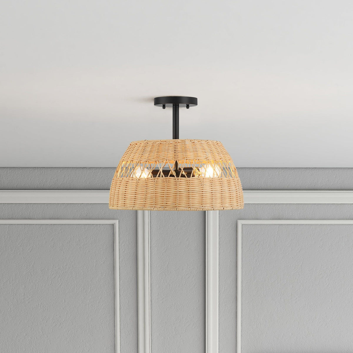 Woven Rattan Semi-Flush Ceiling Light | Black