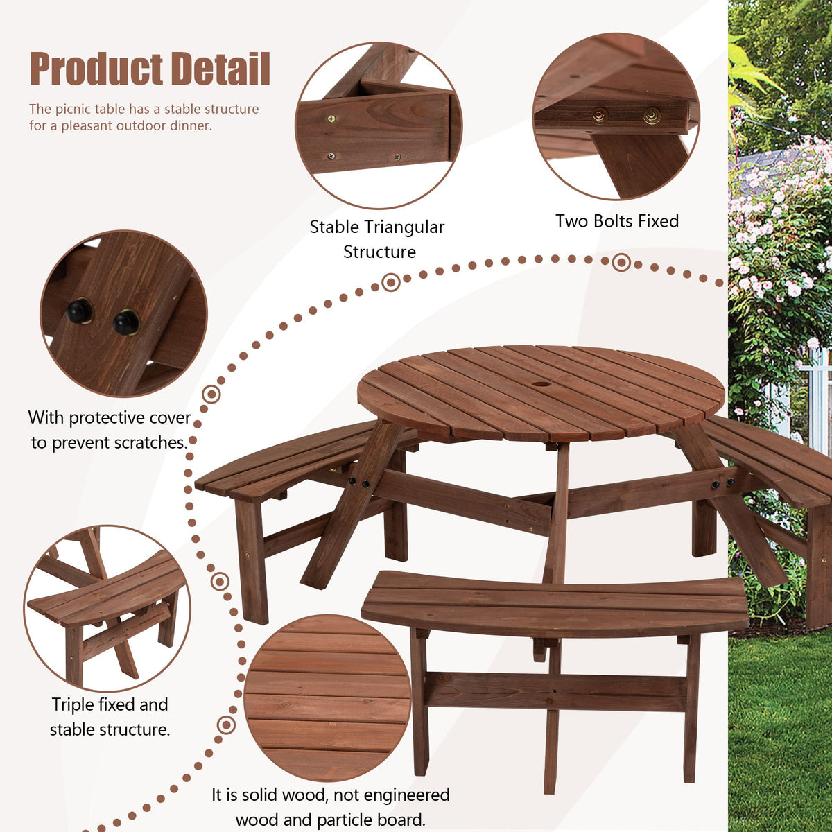 Round Fir Wood Picnic Table with Three Benches | Seats 6