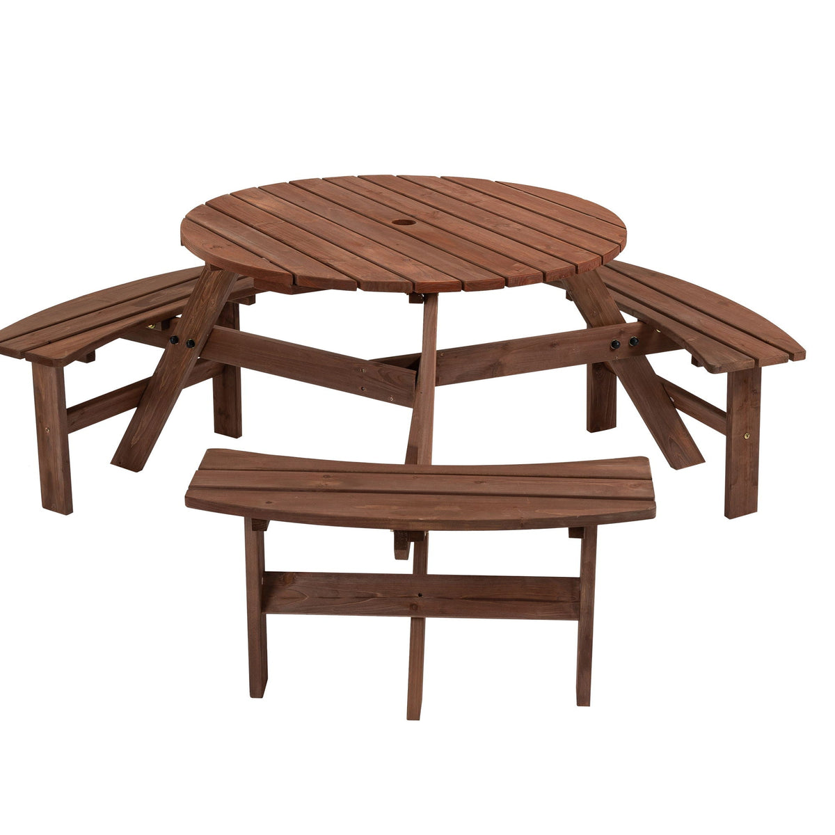 Round Fir Wood Picnic Table with Three Benches | Seats 6