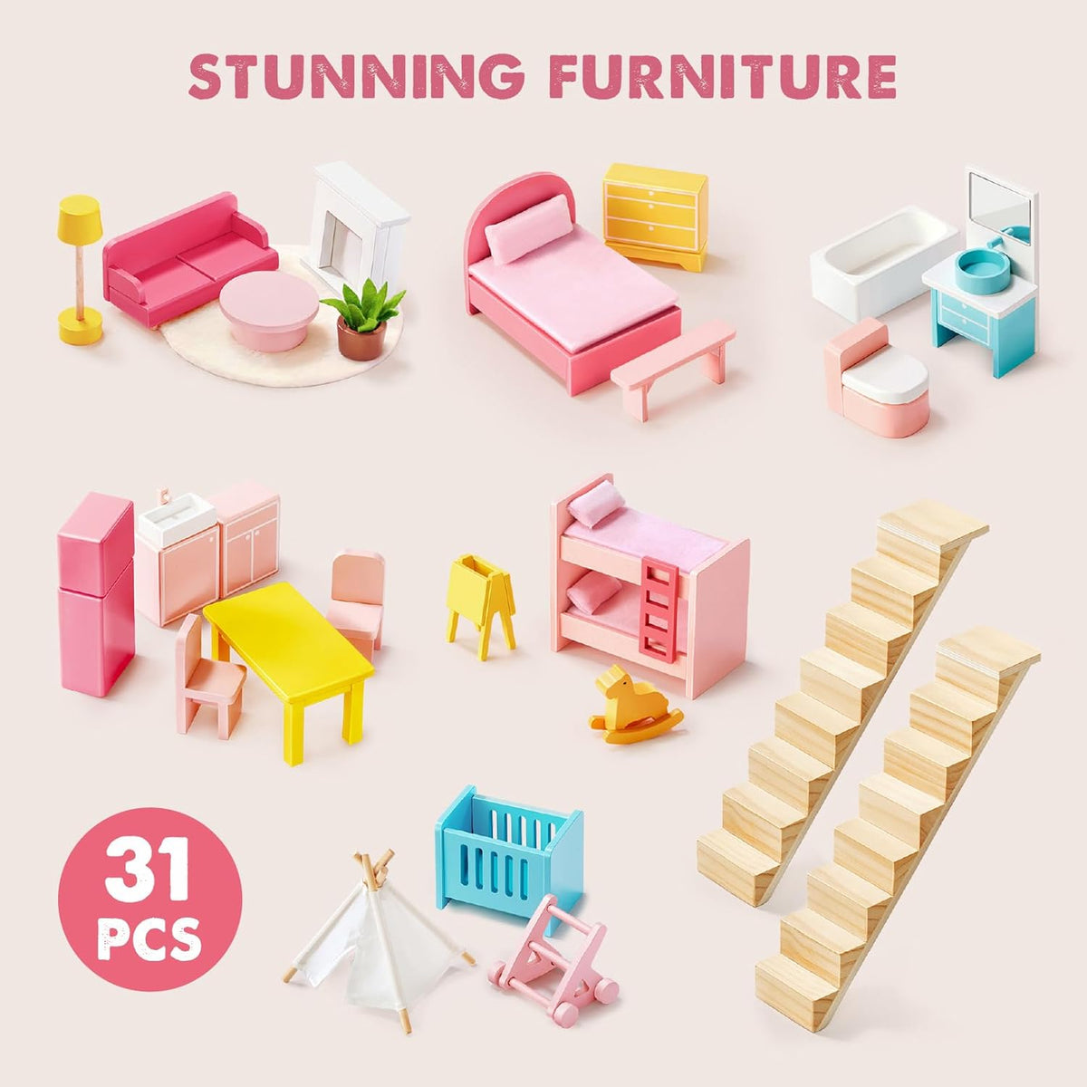 Tiny Land® Sweetwood Wooden Dollhouse with 30 Furniture Pieces