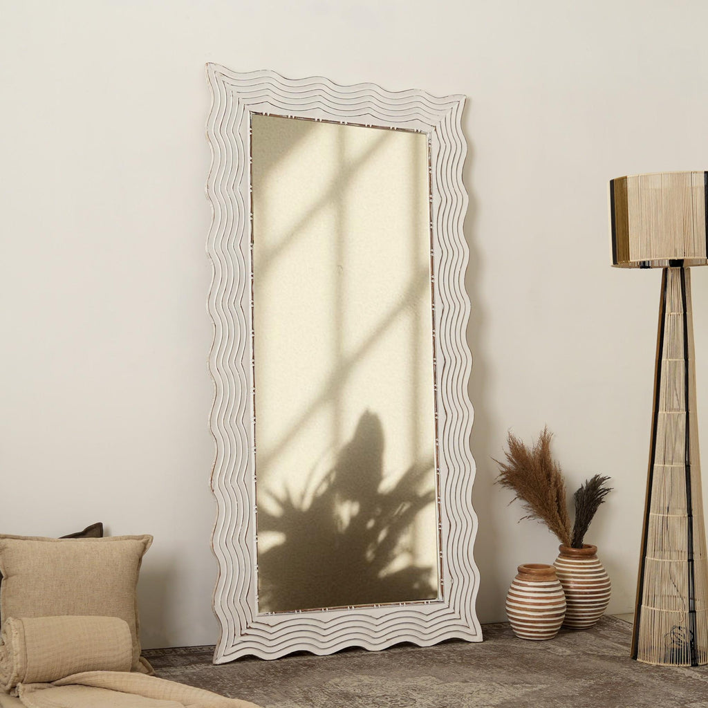Handcarved Wave Mirror | Antique White