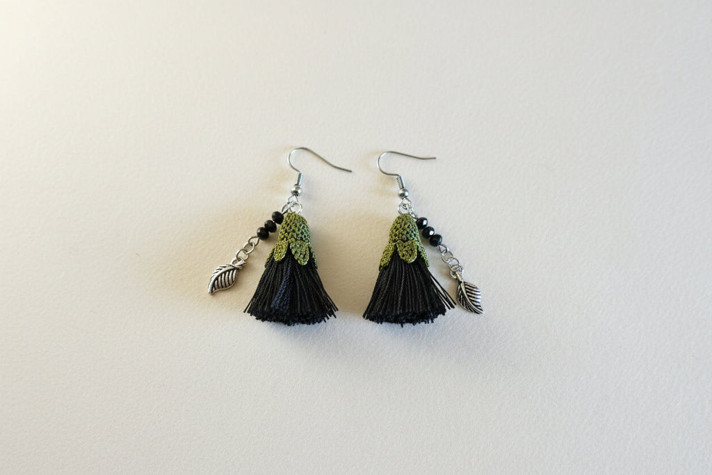 Handmade Black Tassel Crochet Dangle Earrings for Women