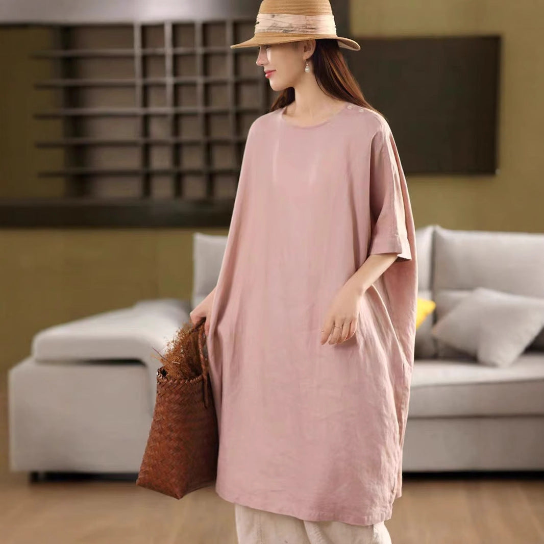 Vintage Linen Dress with Belt Loose Fit Pullover Midi Dress for Women