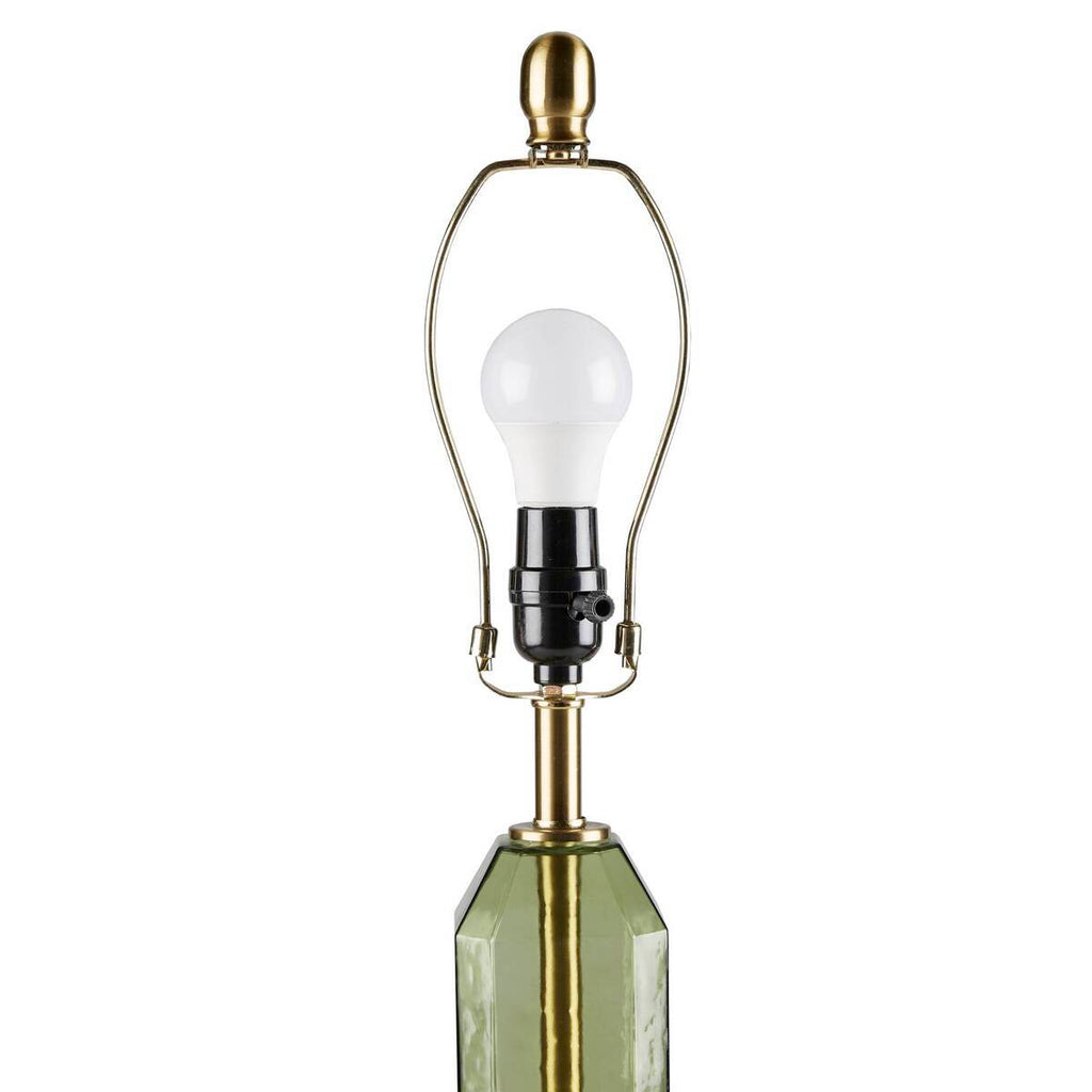 Faceted Green Glass Table Lamp with White Fabric Shade - Green