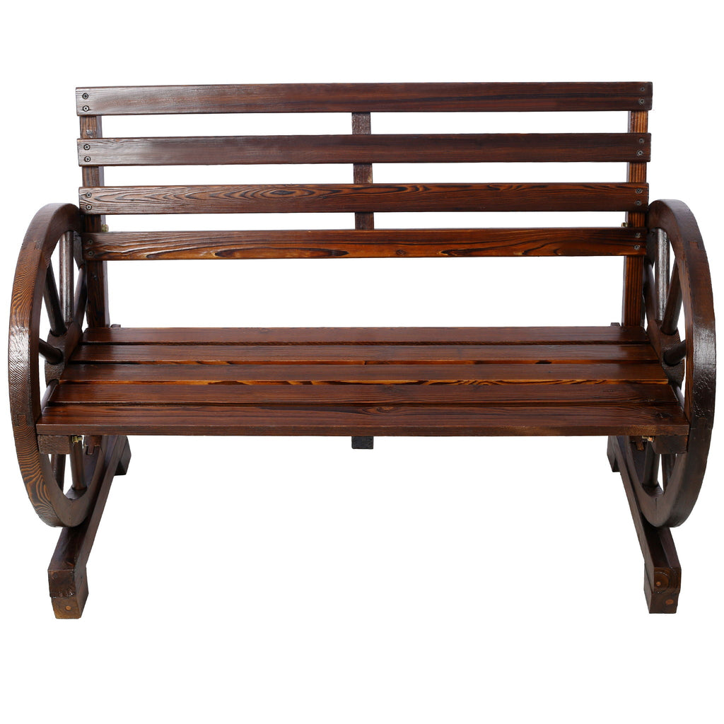 Wagon Wheel Fir Wood Garden Bench | Dark Brown, Two-Seater