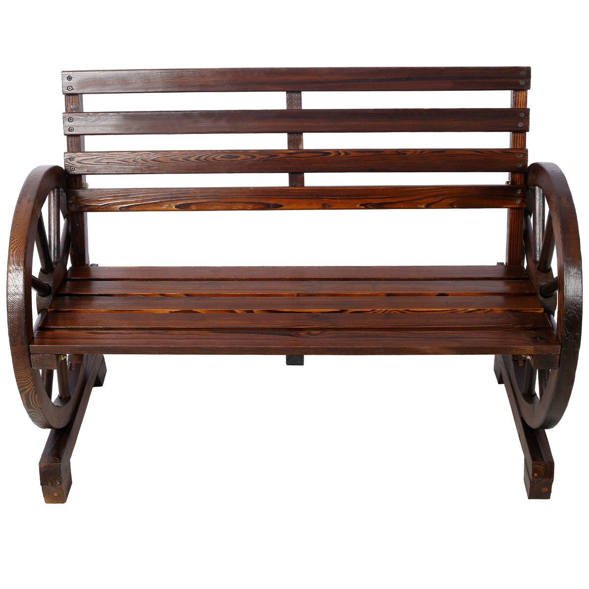 Wagon Wheel Fir Wood Garden Bench | Dark Brown, Two-Seater
