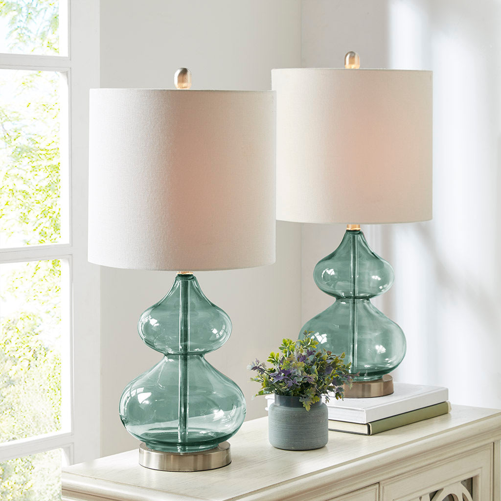 Ellipse Curved Glass Table Lamp Set of 2 with Curved Blue Glass Base - Blue
