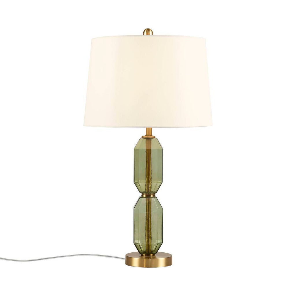 Faceted Green Glass Table Lamp with White Fabric Shade - Green