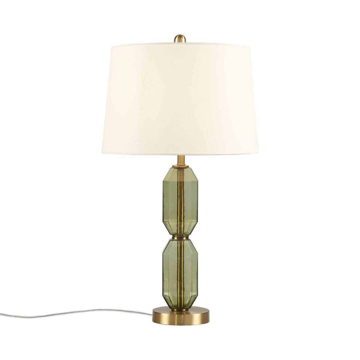 Faceted Green Glass Table Lamp with White Fabric Shade - Green