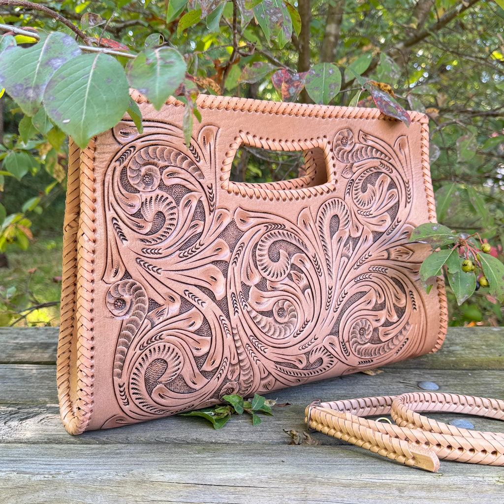 Hand-Tooled Leather Large Clutch & Crossbody, "JENNY" by ALLE