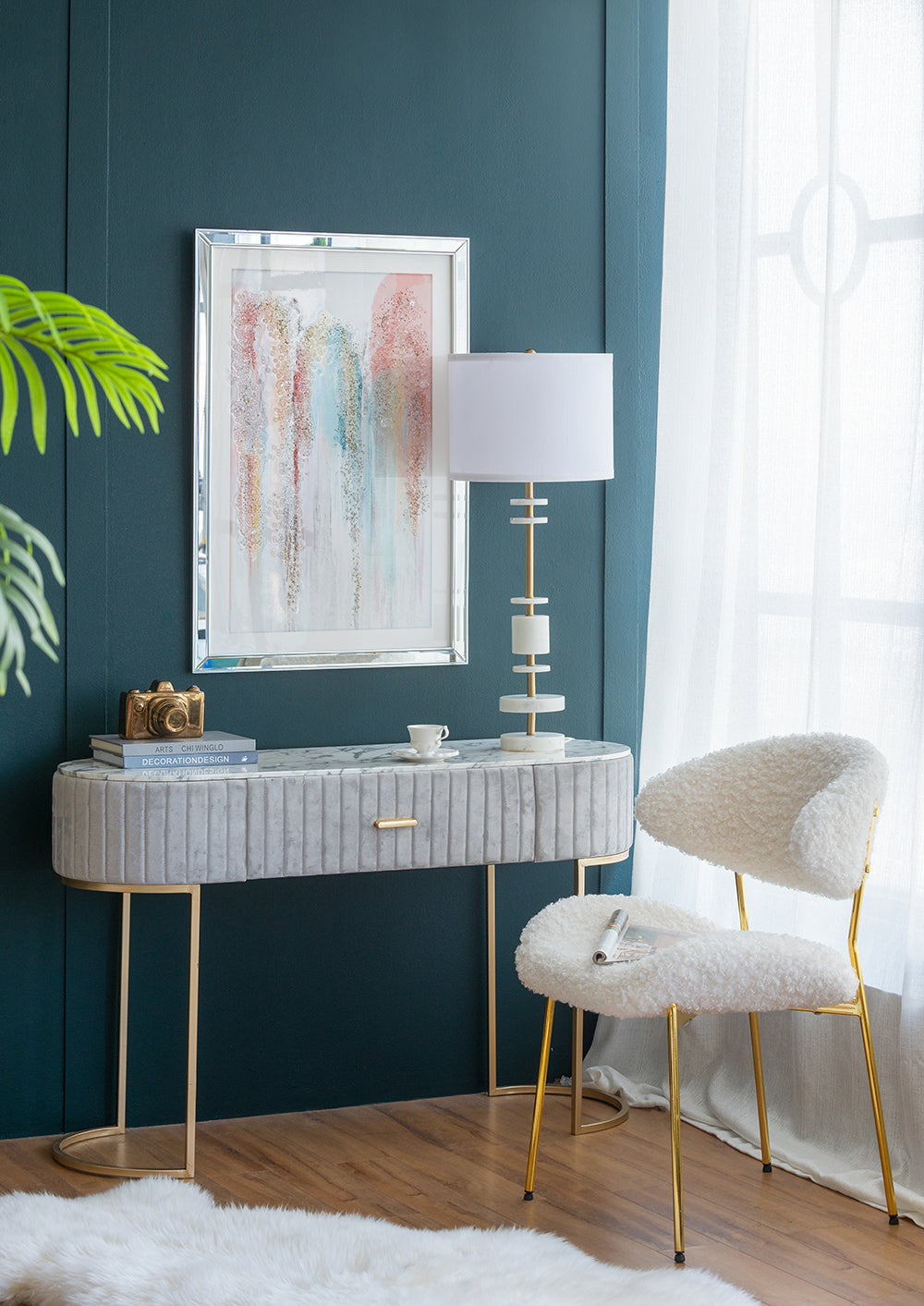 White Marble Table Lamp with Brass Frame and Drum Shade - White