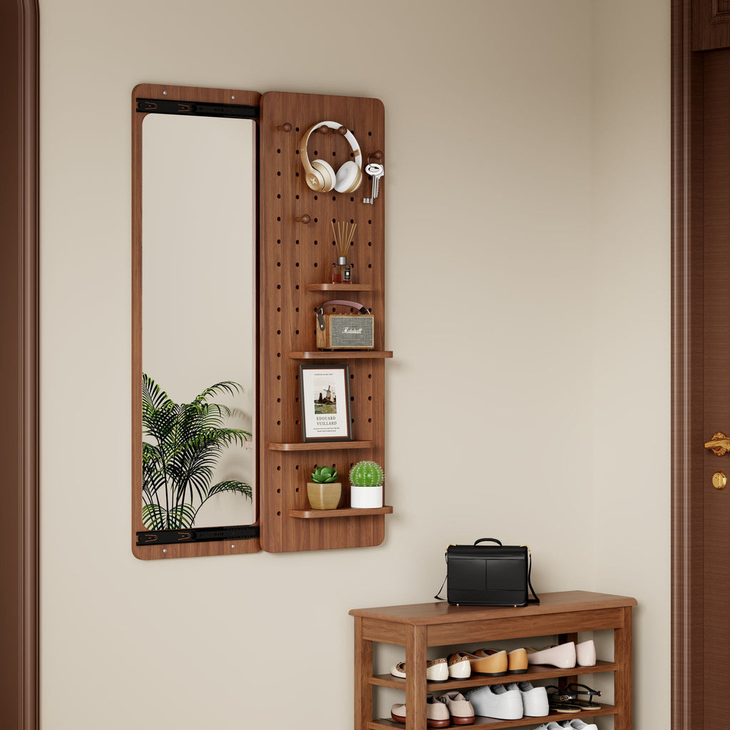 Wall-Mounted Wood Storage Mirror with Shelf & Hook