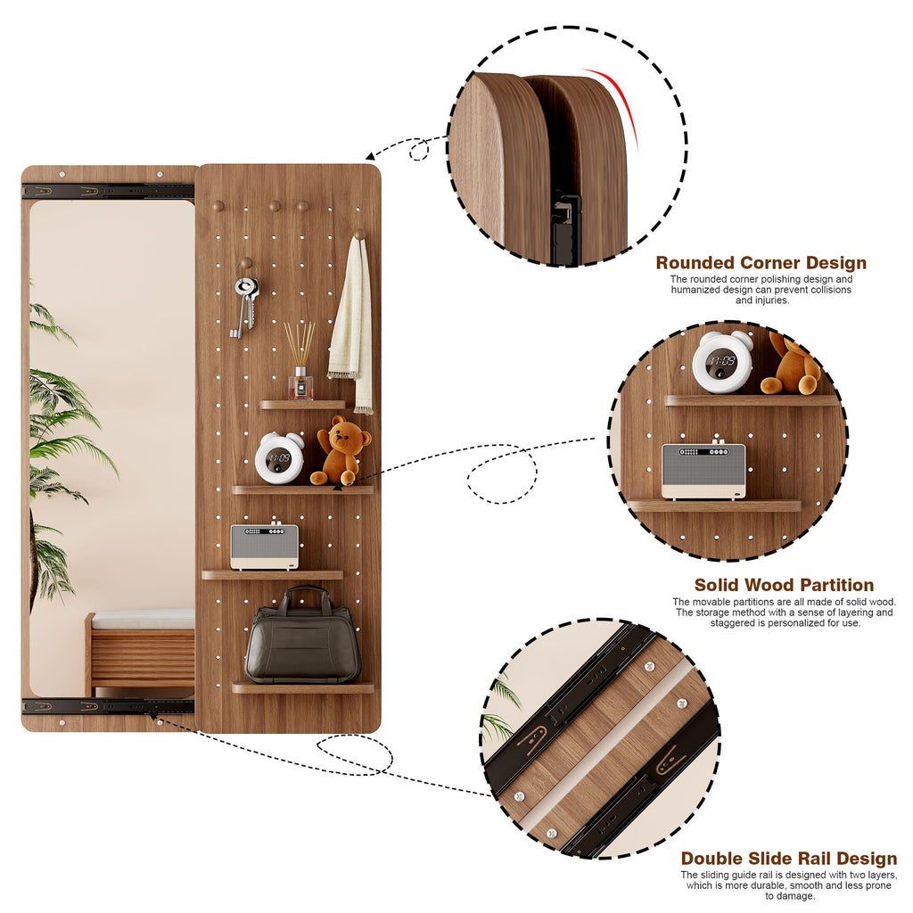 Wall-Mounted Wood Storage Mirror with Shelf & Hook