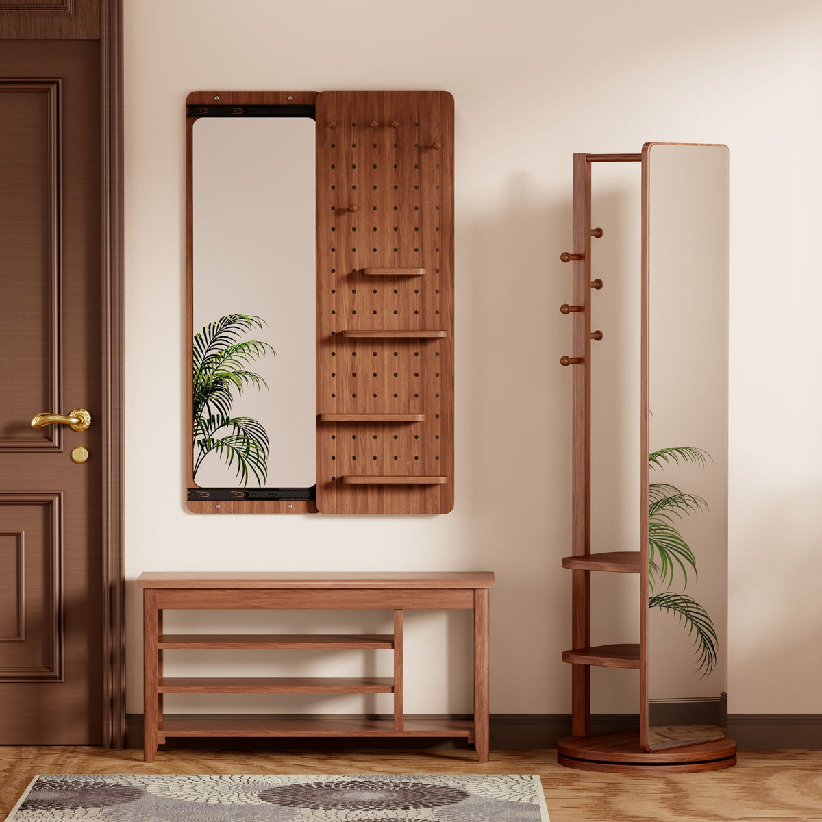 Wall-Mounted Wood Storage Mirror with Shelf & Hook