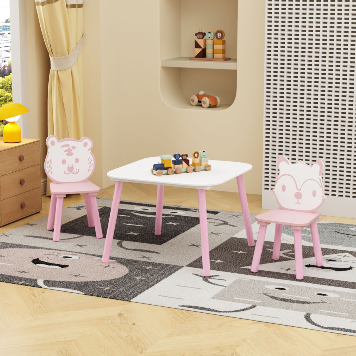 Table And Chair Set, 3 Piece Wooden Toddler Desk With Animal Backrest - Pink / White
