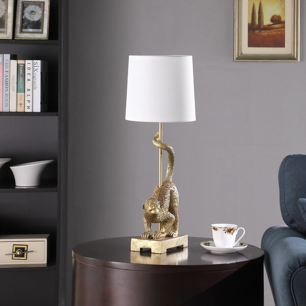 24-Inch Old World Gold Capuchin Monkey Table Lamp with Cotton/Linen Shade - Golden White
