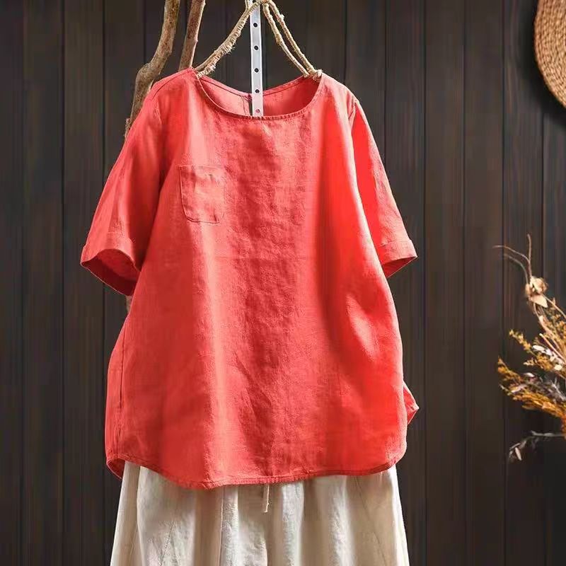 Natural Linen Loose T-Shirt — Breathable Blue