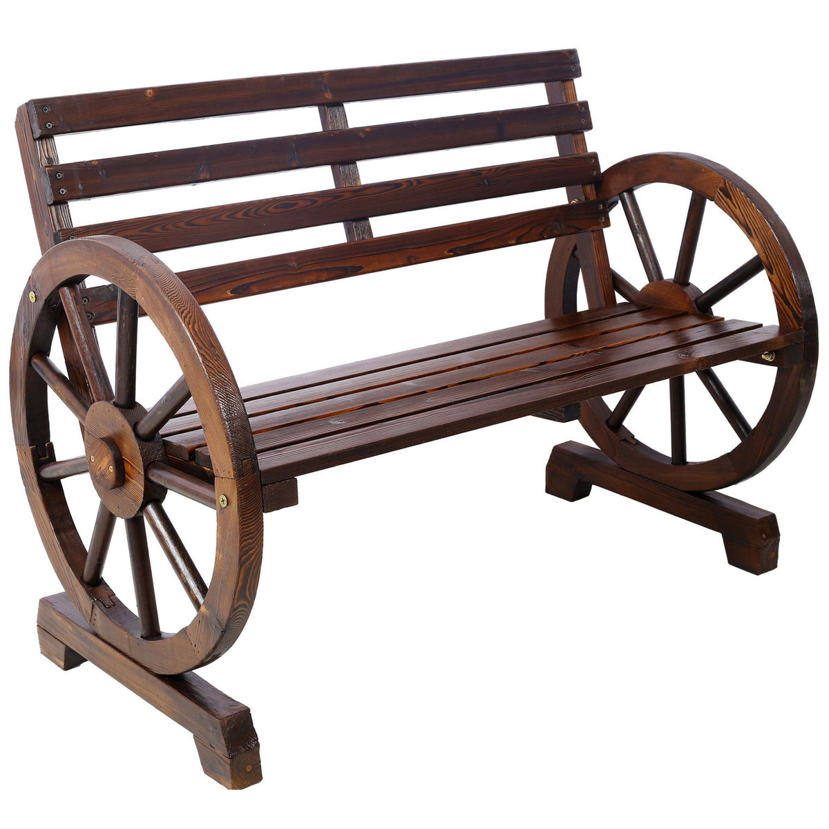 Wagon Wheel Fir Wood Garden Bench | Dark Brown, Two-Seater