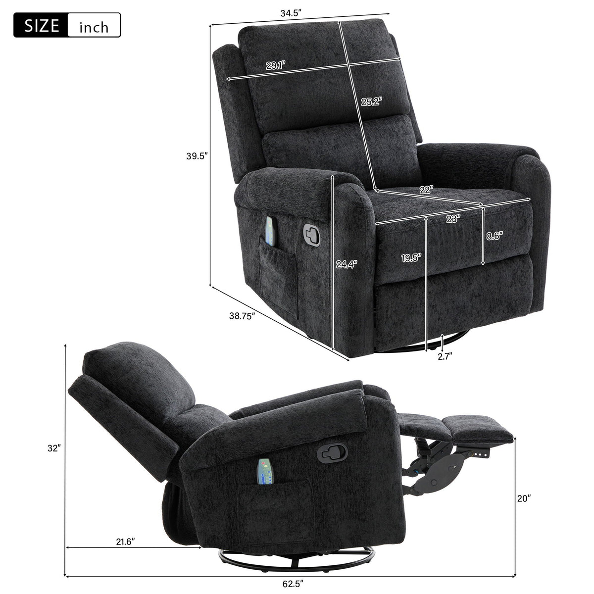 Fabric Massage Recliner | Swivel & Rocking Base