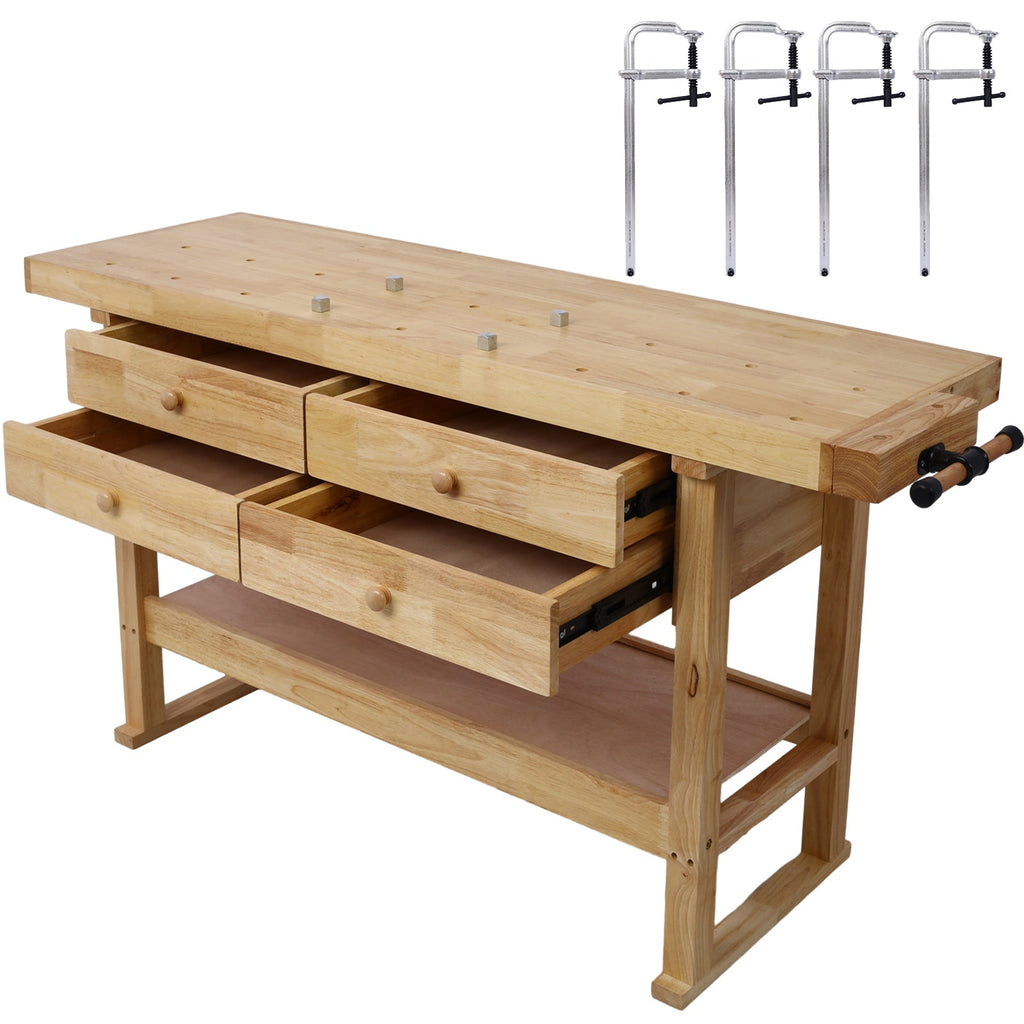 Rubberwood Workbench | 60-Inch Top, 4 Drawers & Clamps