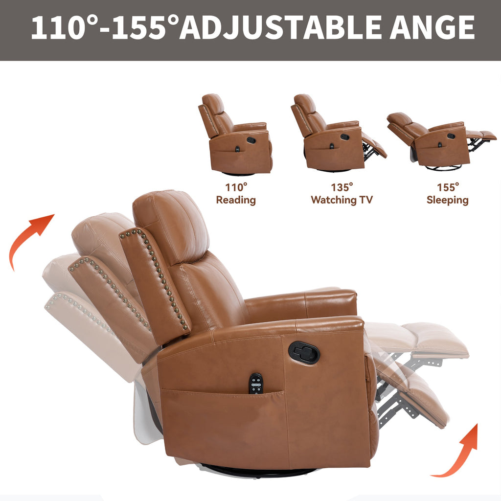 Genuine Leather Swivel Massage Recliner with Lumbar Heat