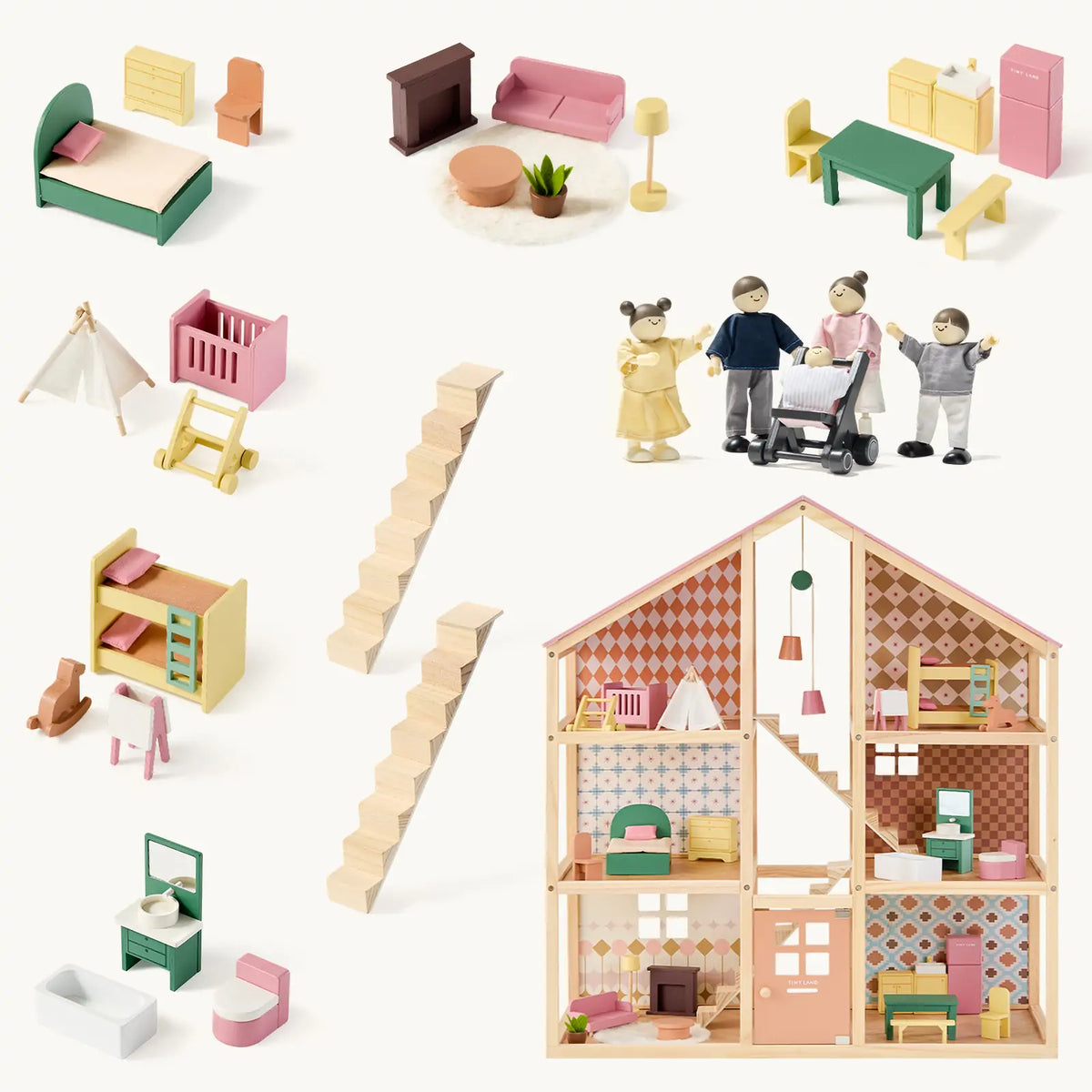 Tiny Land® Sweetwood Pegasus Dollhouse & Wooden Family Set