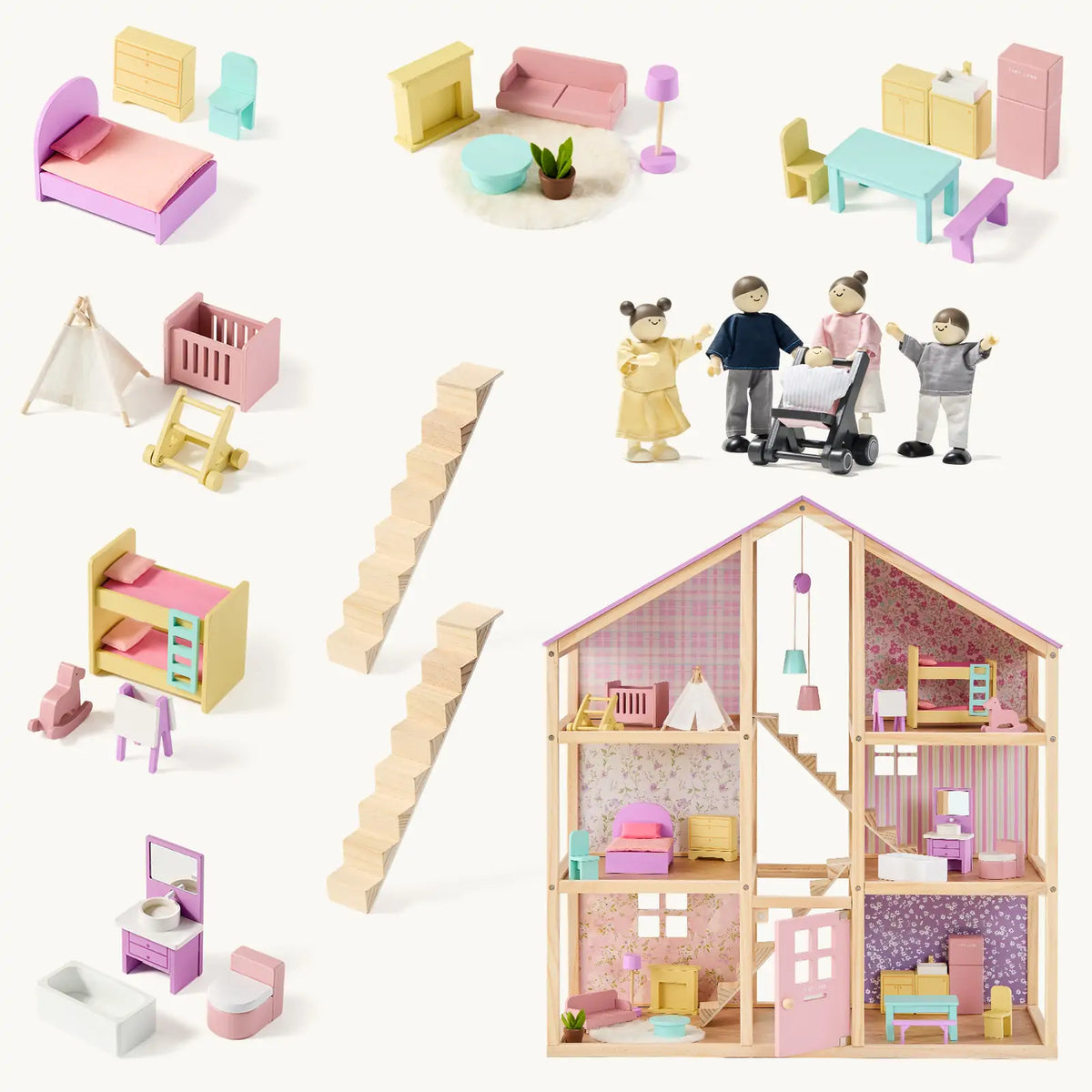 Tiny Land® Sweetwood Unicorn Dollhouse & Wooden Doll Set