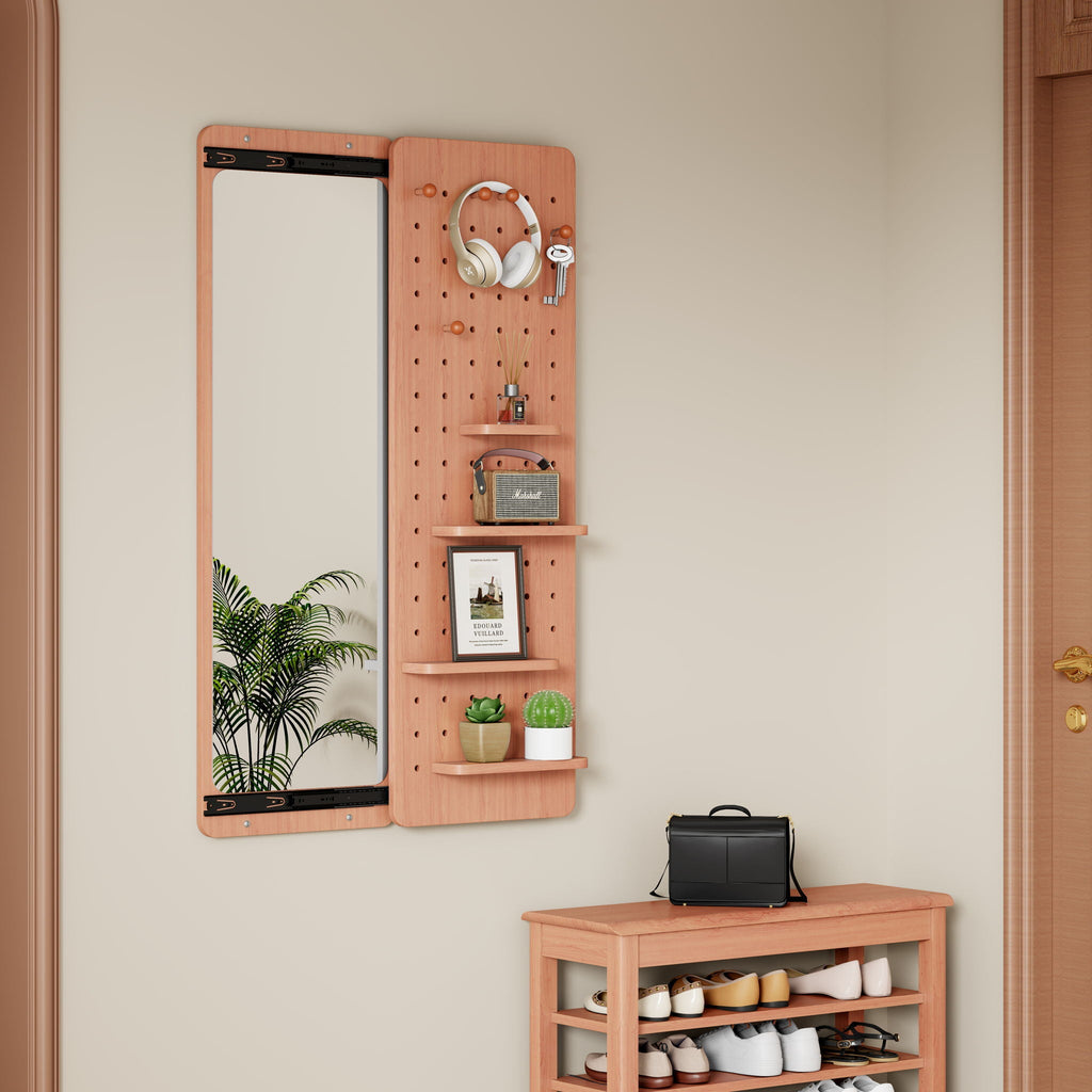 Wall-Mounted Wood Storage Mirror with Shelf & Hook