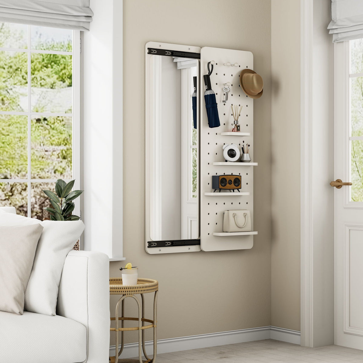 Wall-Mounted Wood Storage Mirror with Shelf & Hook