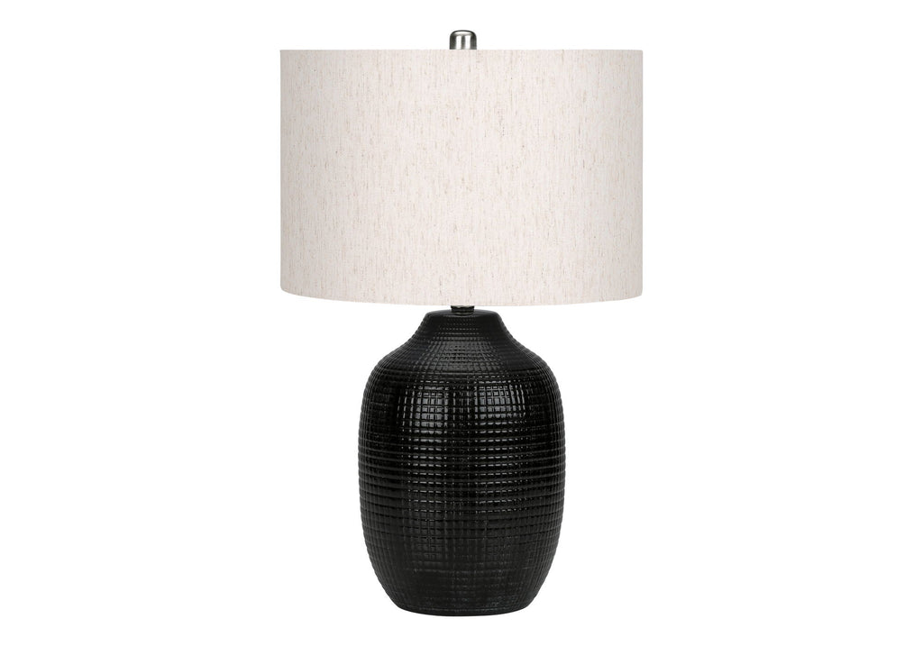 Contemporary Black Ceramic Table Lamp with 3-Way Switch - Ivory Linen Shade