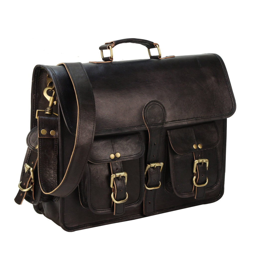 Vintage Full-Grain Leather Laptop Messenger Bag | Black