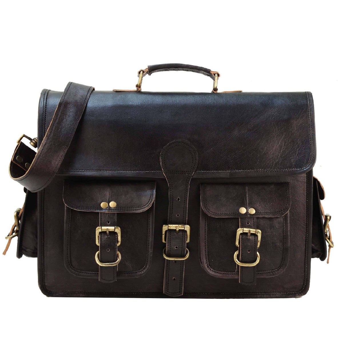 Vintage Full-Grain Leather Laptop Messenger Bag | Black