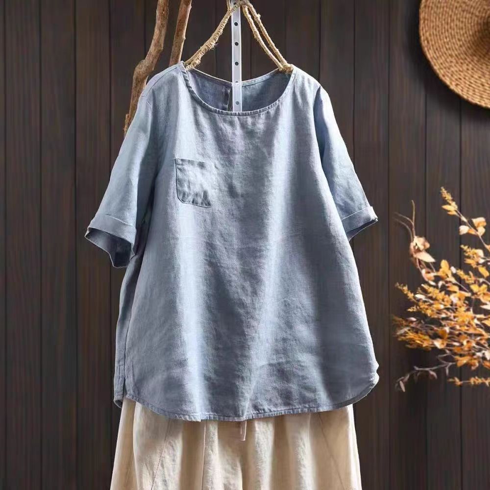 Natural Linen Loose T-Shirt — Breathable Blue