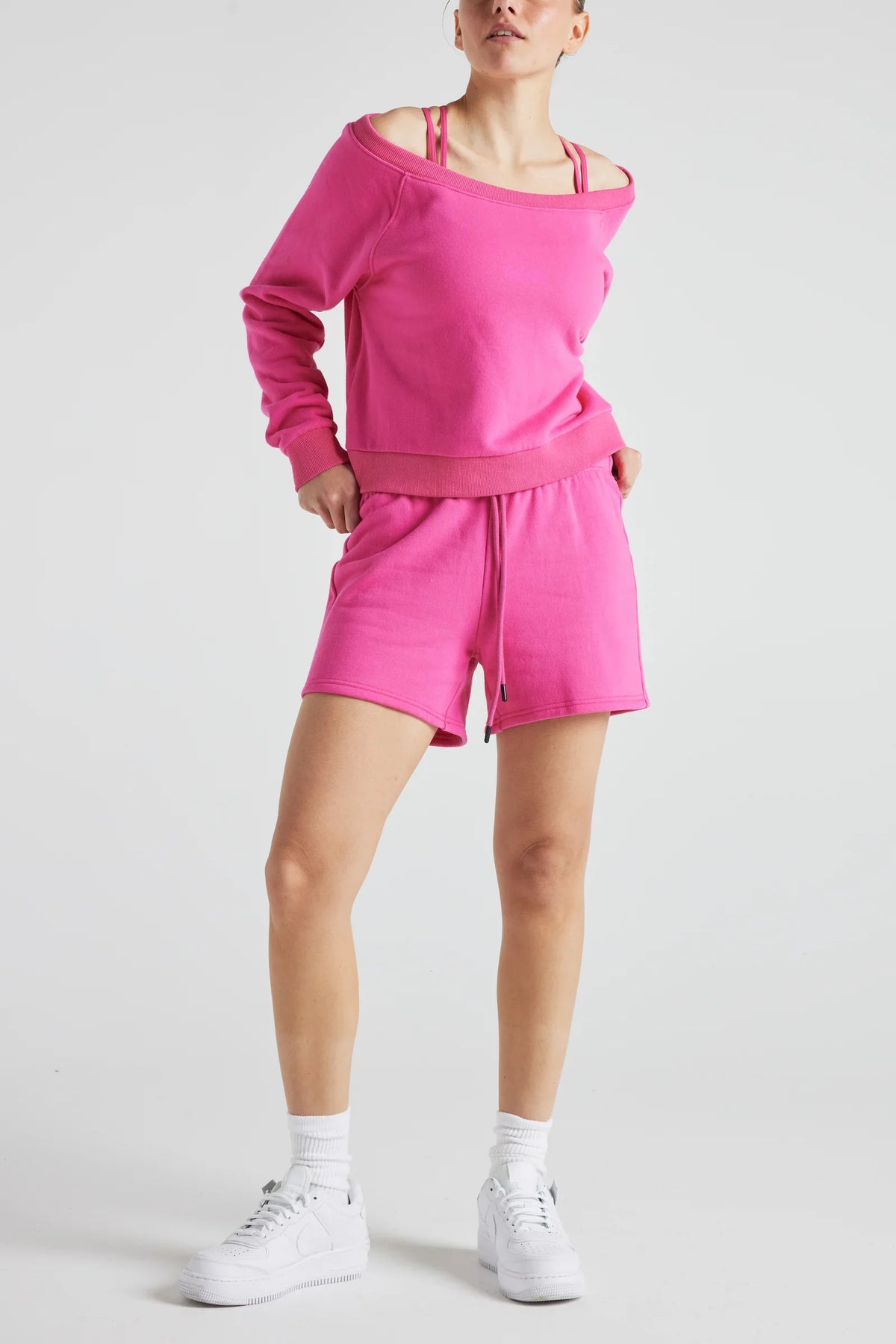 Pink Off-Shoulder Cotton Fleece Sweatshirt