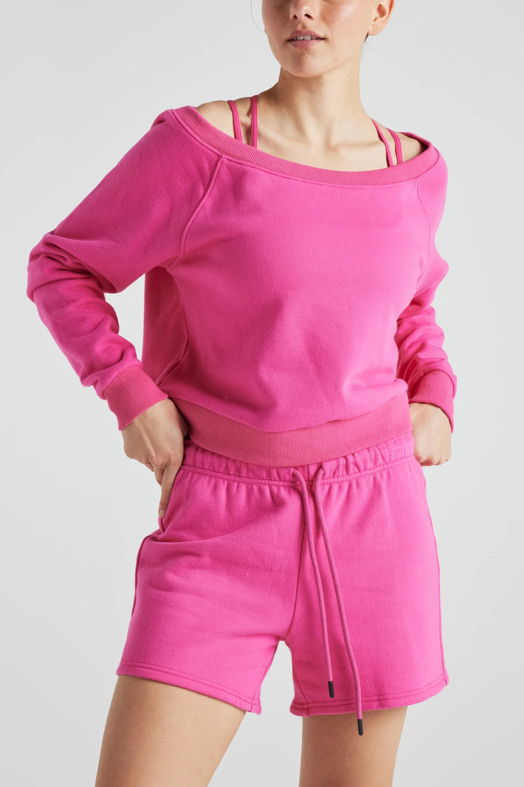 Pink Off-Shoulder Cotton Fleece Sweatshirt