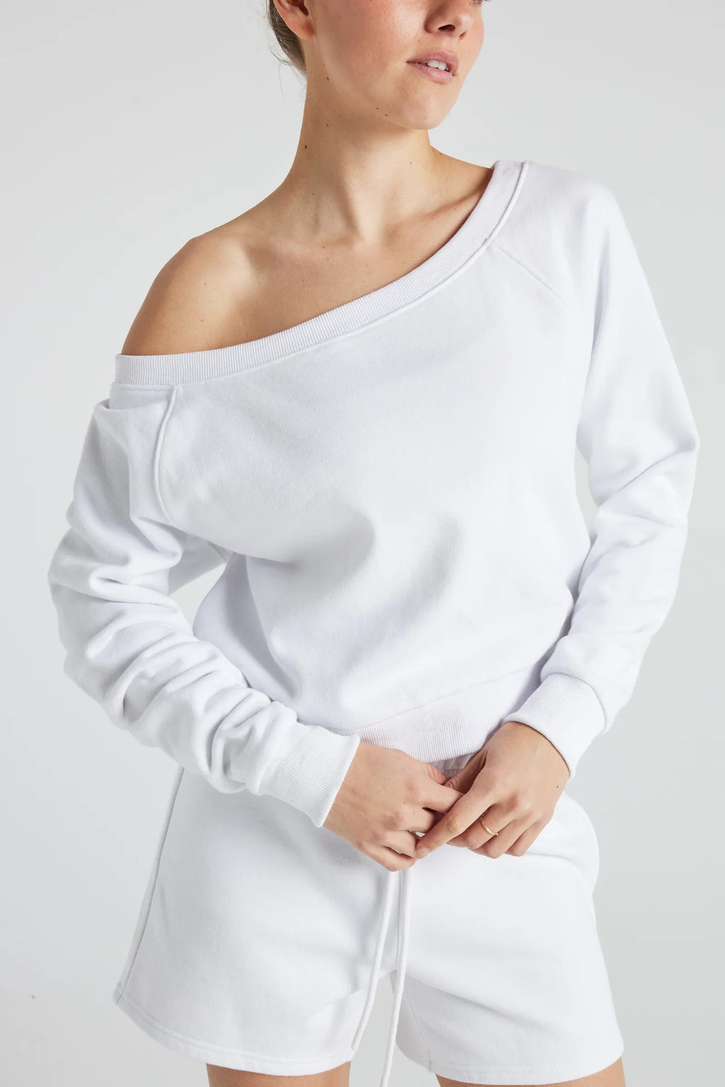 White Off-Shoulder Cotton Fleece Sweatshirt