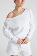White Off-Shoulder Cotton Fleece Sweatshirt