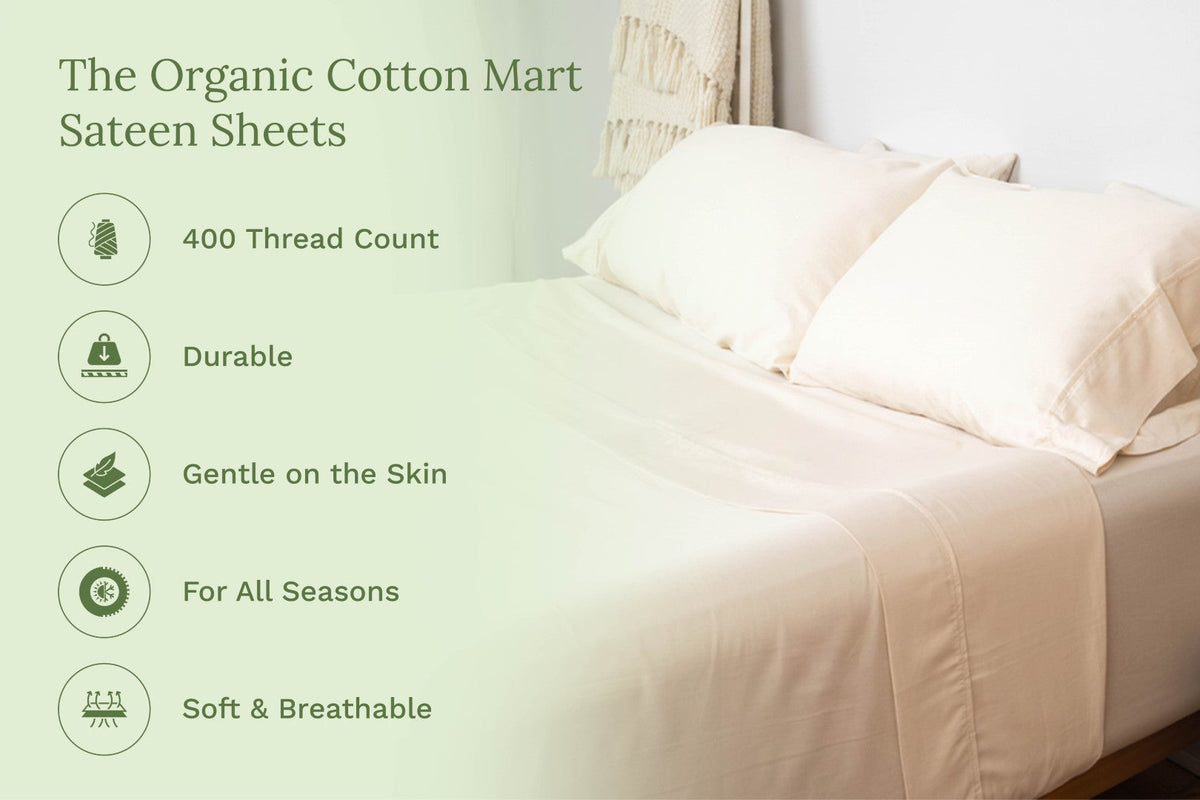 Organic Cotton Sateen Bed Sheet Set | GOTS Certified, Silky-Soft & Breathable | Organic Cotton Mart