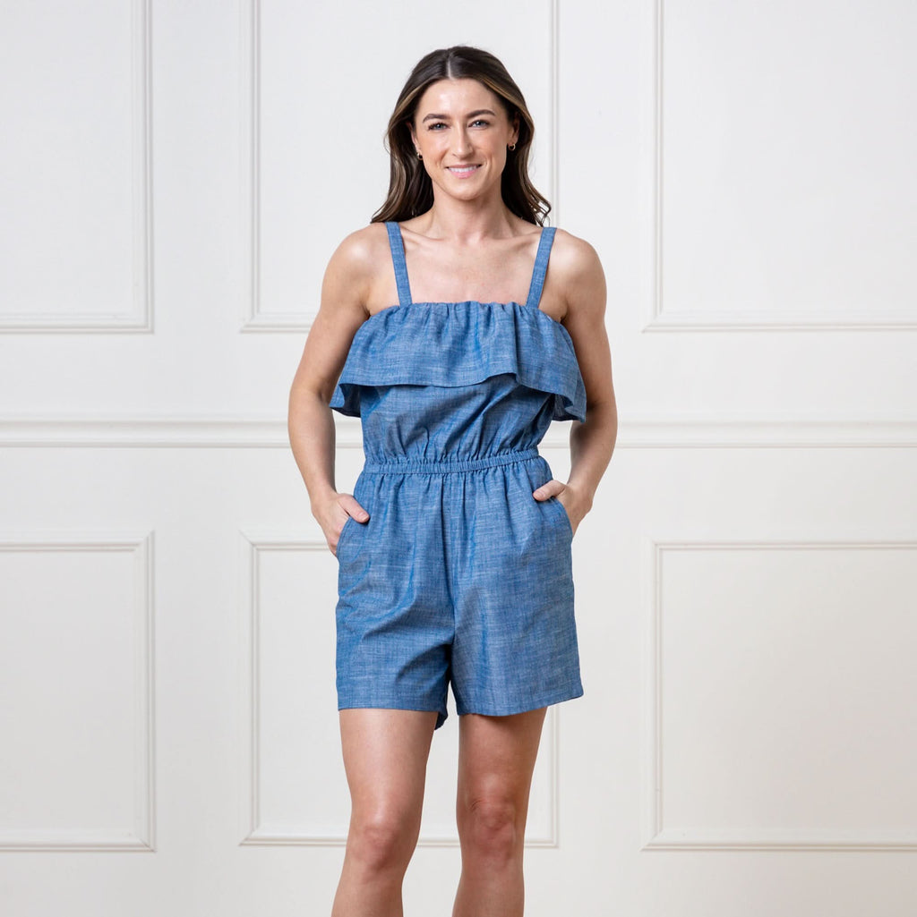 Women’s Organic Cotton Ruffle Romper – Chambray