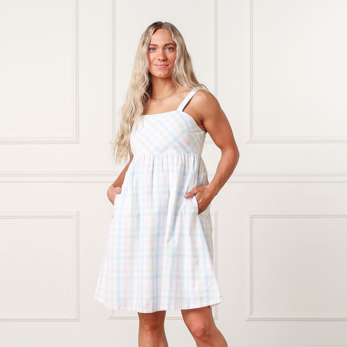 Women’s Organic Cotton Seersucker Sundress – Pastel Check
