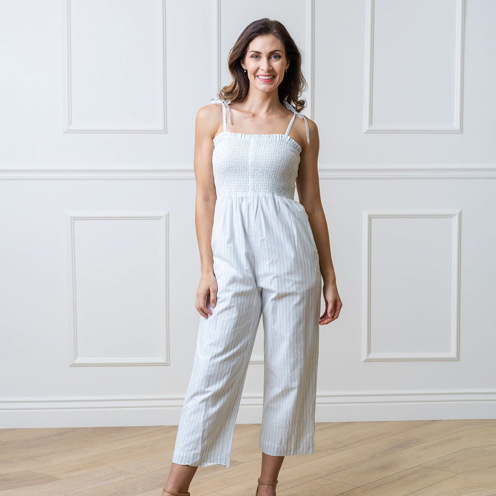 Women’s Organic Cotton Smocked Jumpsuit – Blue Ticking Stripe