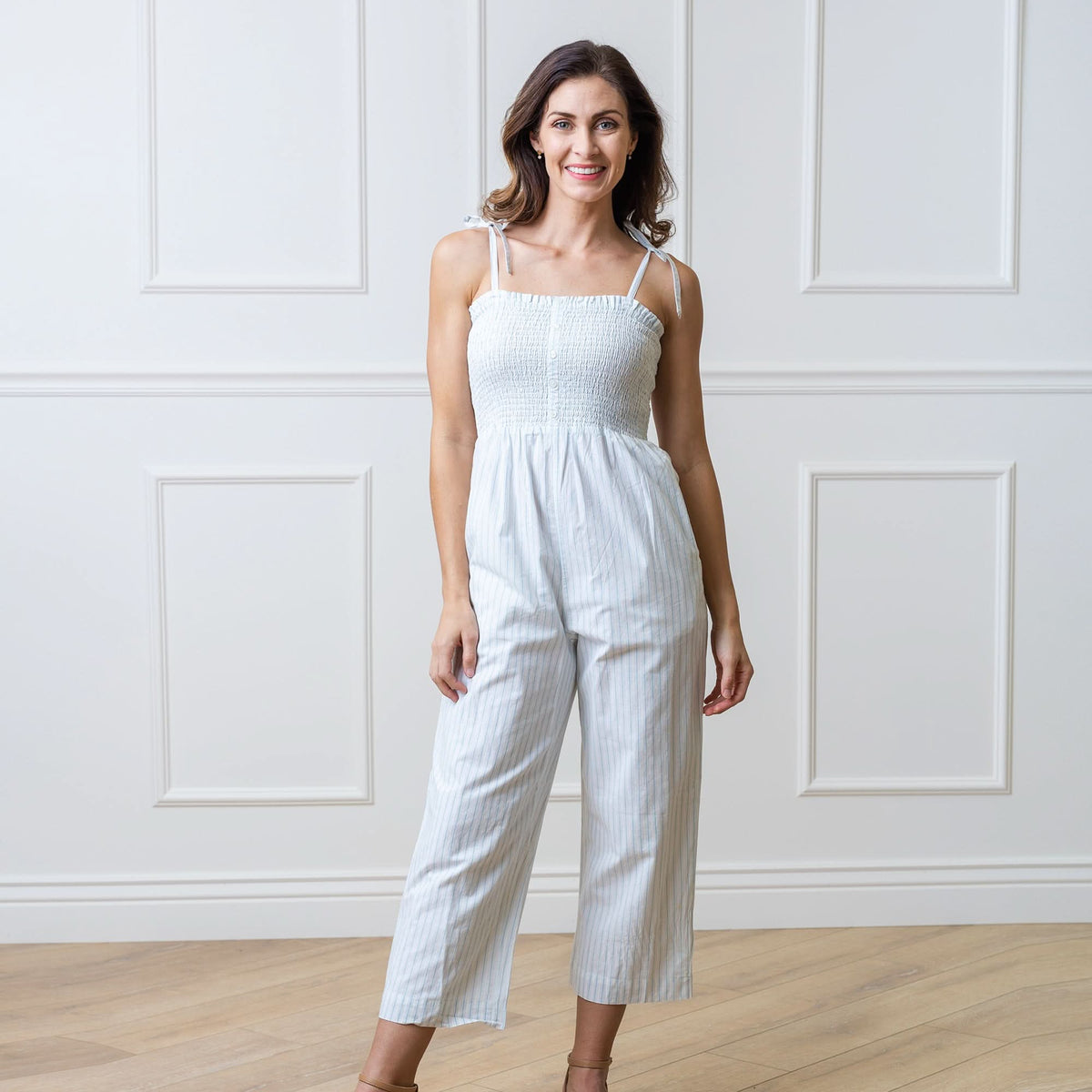 Women’s Organic Cotton Smocked Jumpsuit – Blue Ticking Stripe