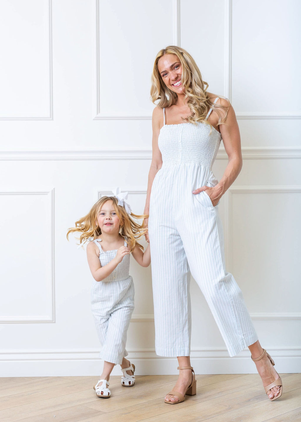 Women’s Organic Cotton Smocked Jumpsuit – Blue Ticking Stripe