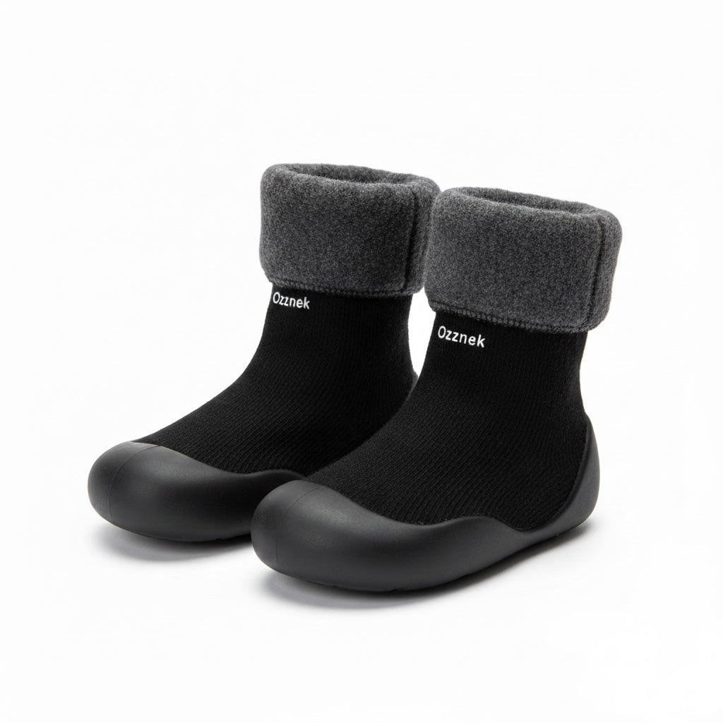 Ozznek Fleece-Lined Toddler Sock Shoes | Rubber Sole, Wide Toe Box | Winter Barefoot Shoes Ages 6M-2.5Y