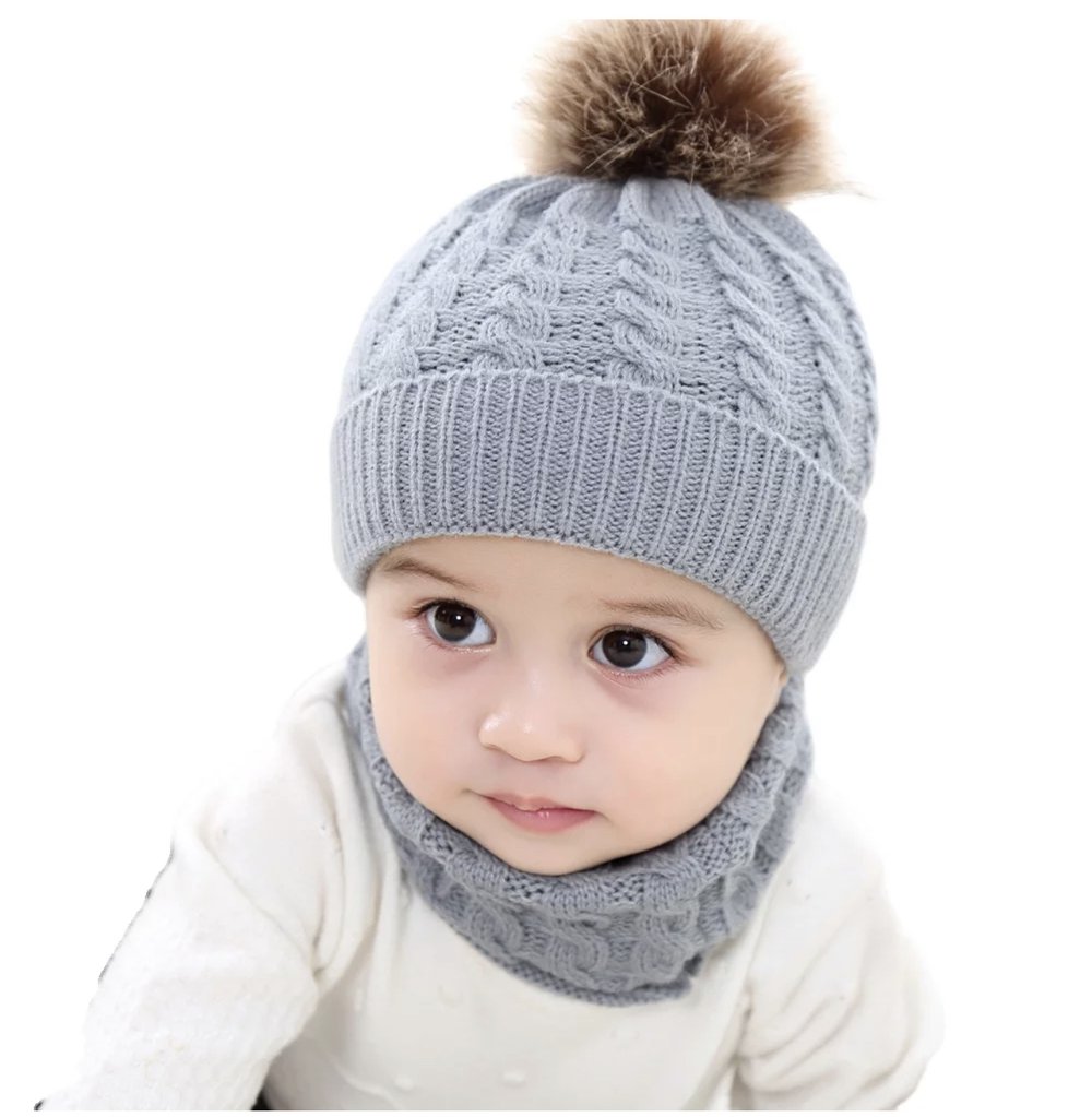 Organic Cotton Kids Beanie & Ring Scarf Set | Chunky Knit, Pom Pom | Toddler Winter Set Ages 1-4