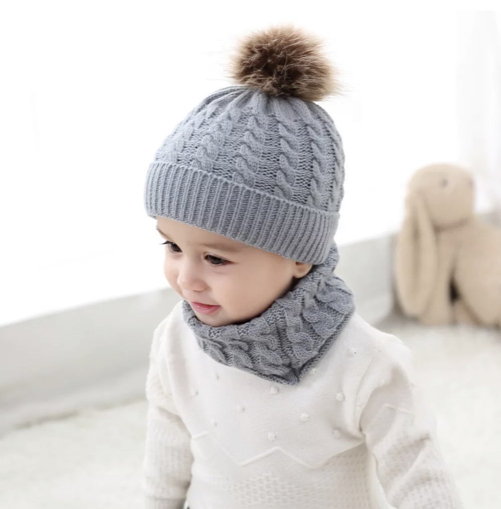 Organic Cotton Kids Beanie & Ring Scarf Set | Chunky Knit, Pom Pom | Toddler Winter Set Ages 1-4