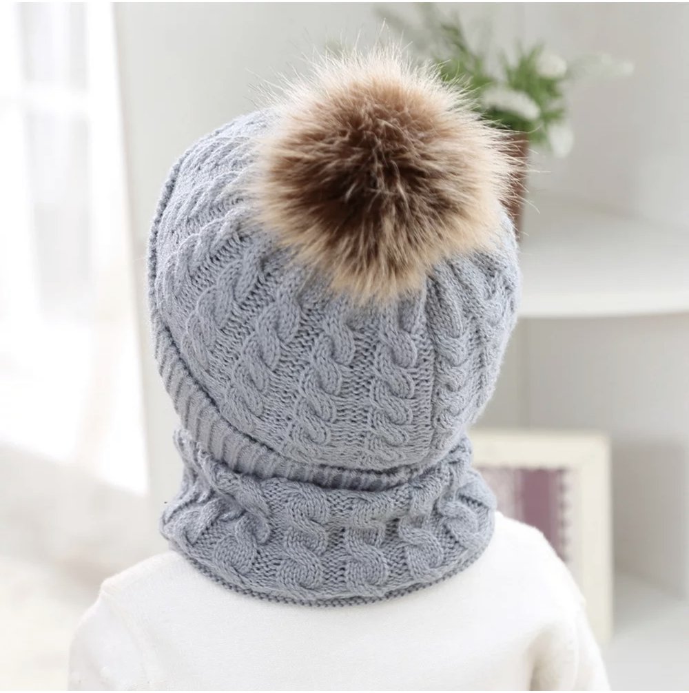 Organic Cotton Kids Beanie & Ring Scarf Set | Chunky Knit, Pom Pom | Toddler Winter Set Ages 1-4