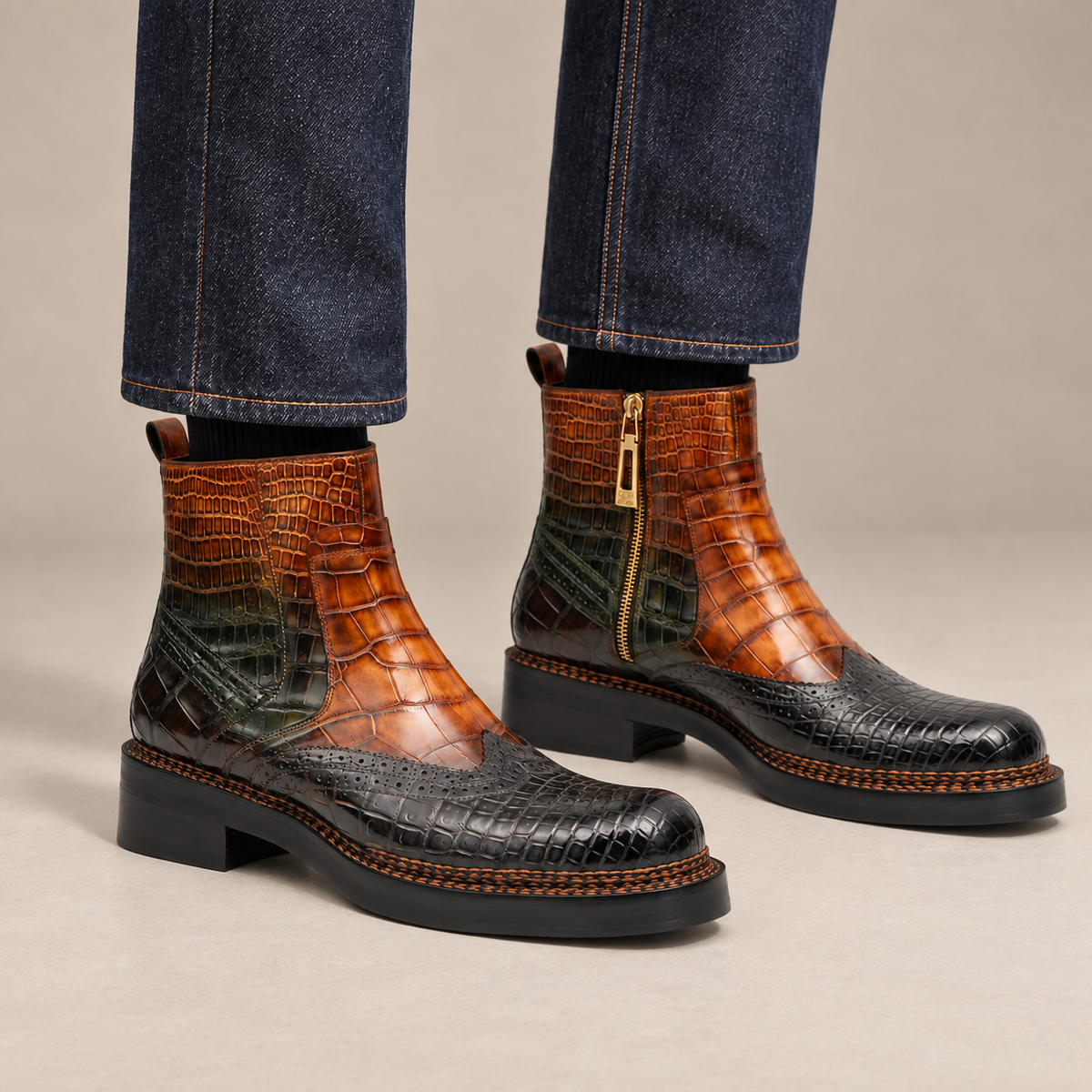 Multicolor Crocodile Leather Chelsea Boots