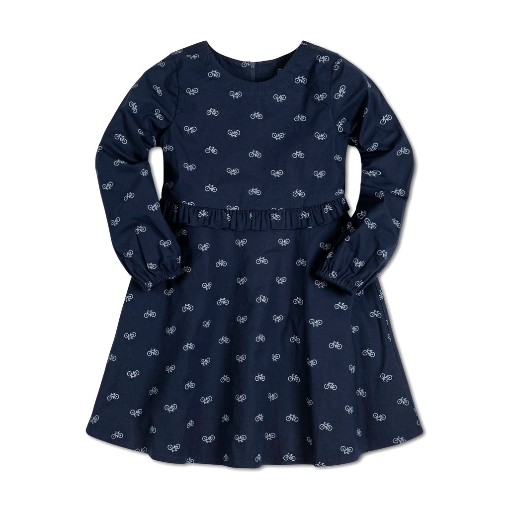 Baby Organic Cotton Blend Ruffle Dress – Navy Bicycle Print